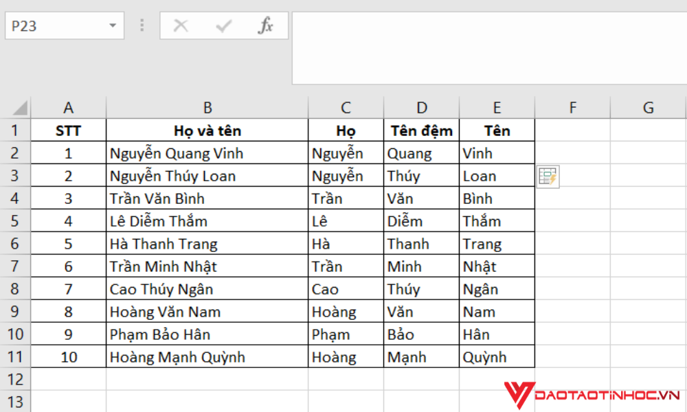 Sử dụng Flash Fill để tách dữ liệu bước 3