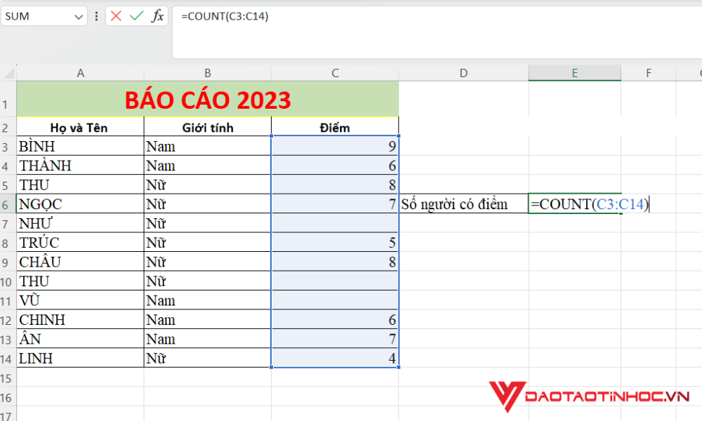 Sử dụng hàm COUNT để đếm số dòng trong Excel 1