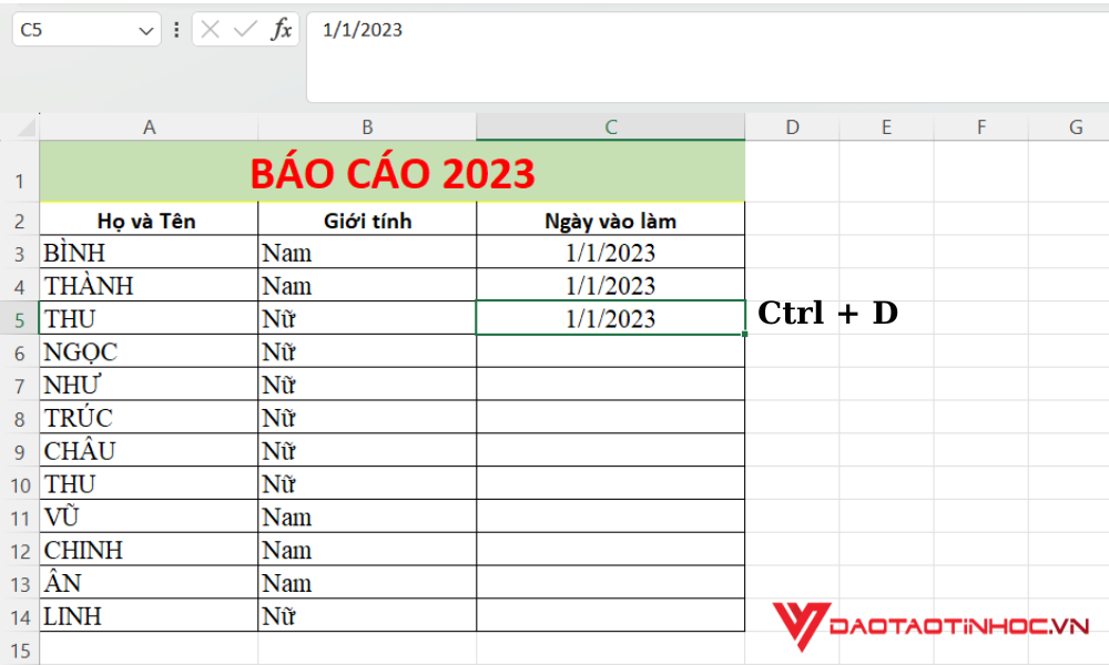 Sử dụng phím tắt Ctrl + D trong Excel 2