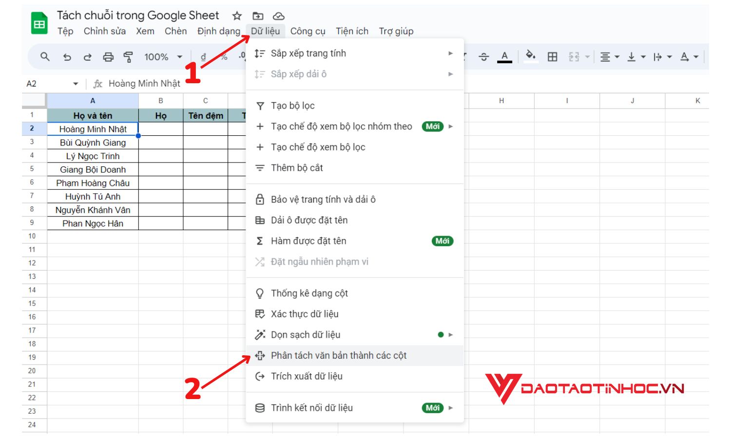 Tách chuỗi trong Google Sheet bằng tùy chọn Dữ liệu - bước 2