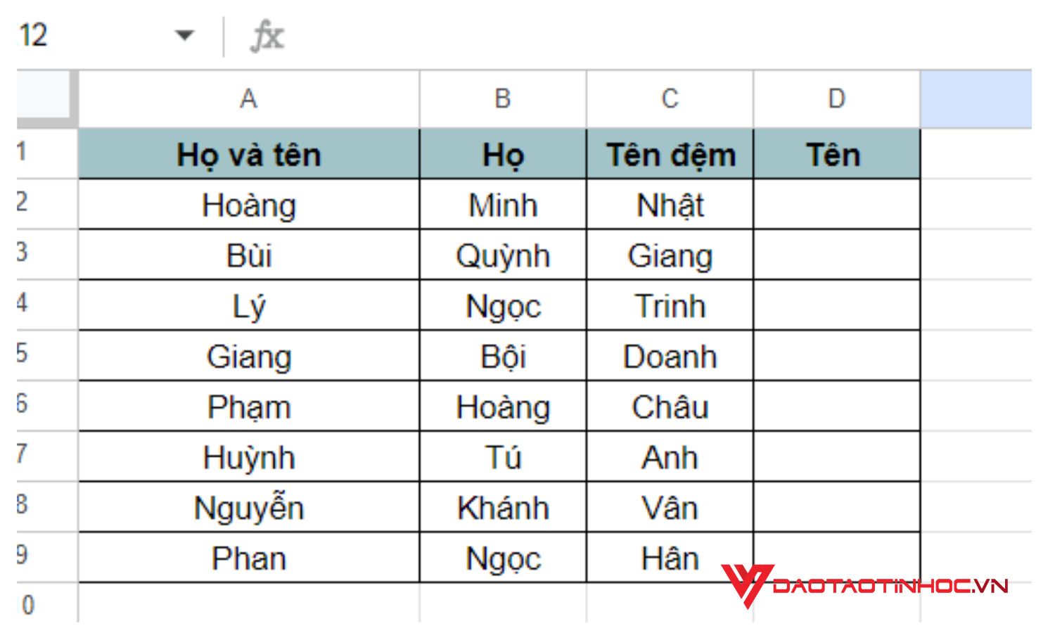 Tách chuỗi trong Google Sheet bằng tùy chọn Dữ liệu - kết quả