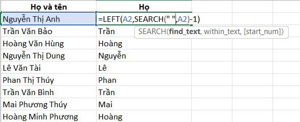 Tách họ tên trong Excel bằng hàm LEFT và SEARCH