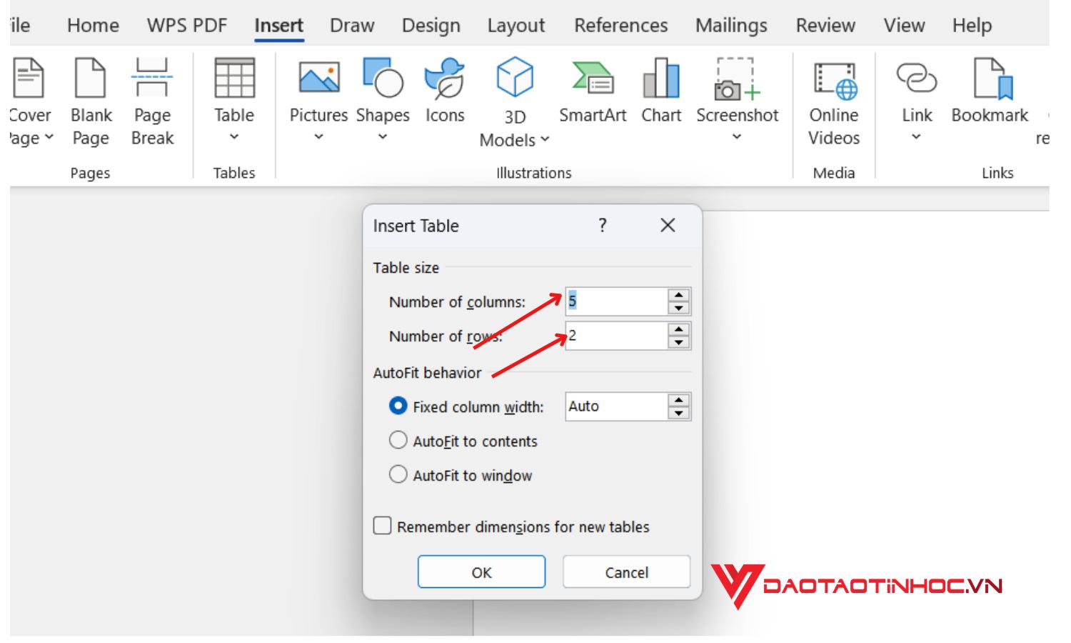 Tạo bảng bằng cách tự nhập số hàng số cột
