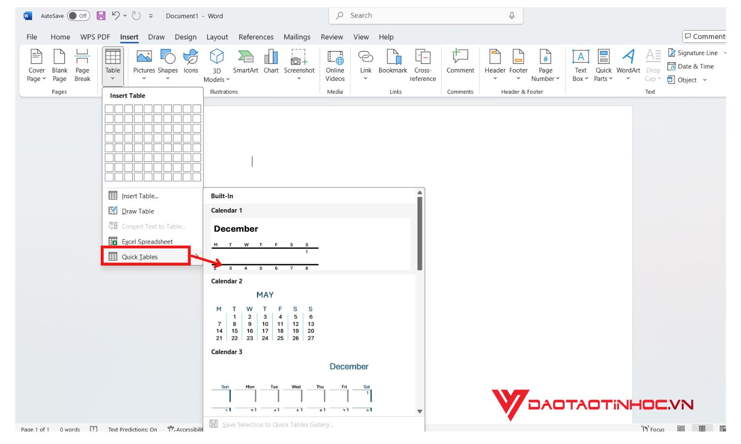 Tạo bảng bằng Quick Table