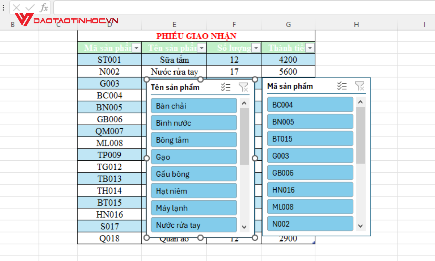 Tạo slicer trong Excel