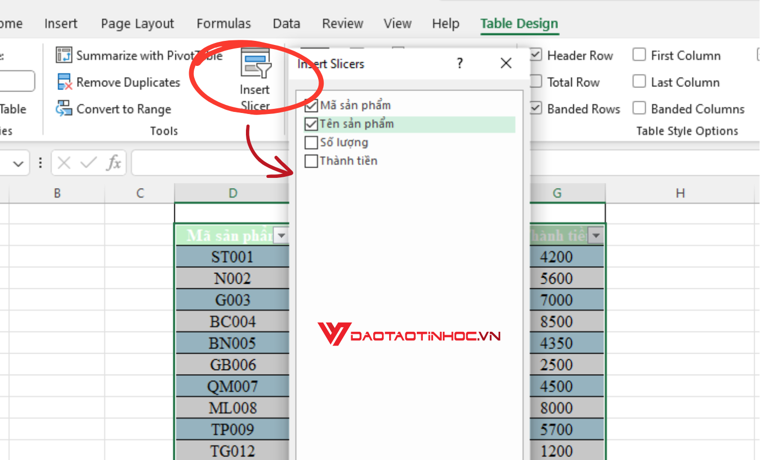 Tạo slicer trong Excel