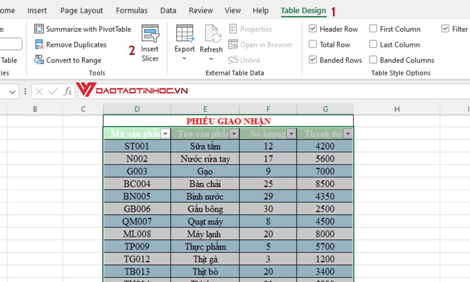 Tạo slicer trong Excel