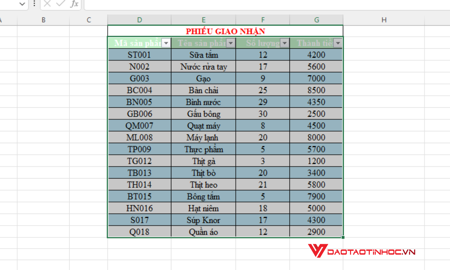 Tạo slicer trong Excel