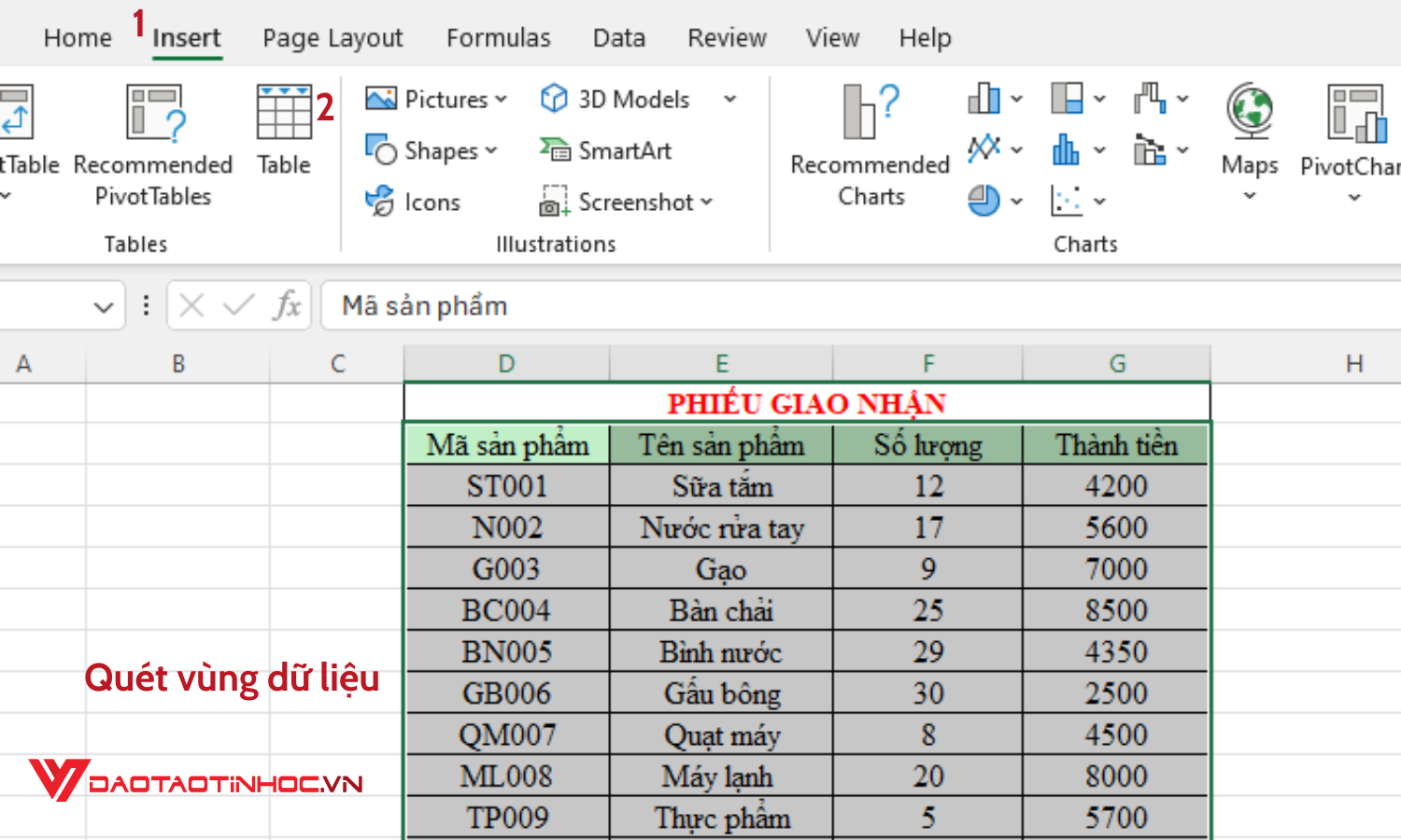 Tạo slicer trong Excel
