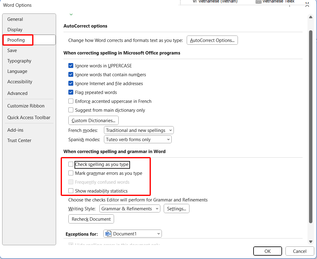 Tắt gạch đỏ trong Word bằng Options