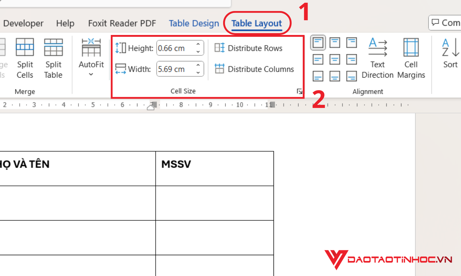 Thay đổi độ rộng cột và chiều cao dòng