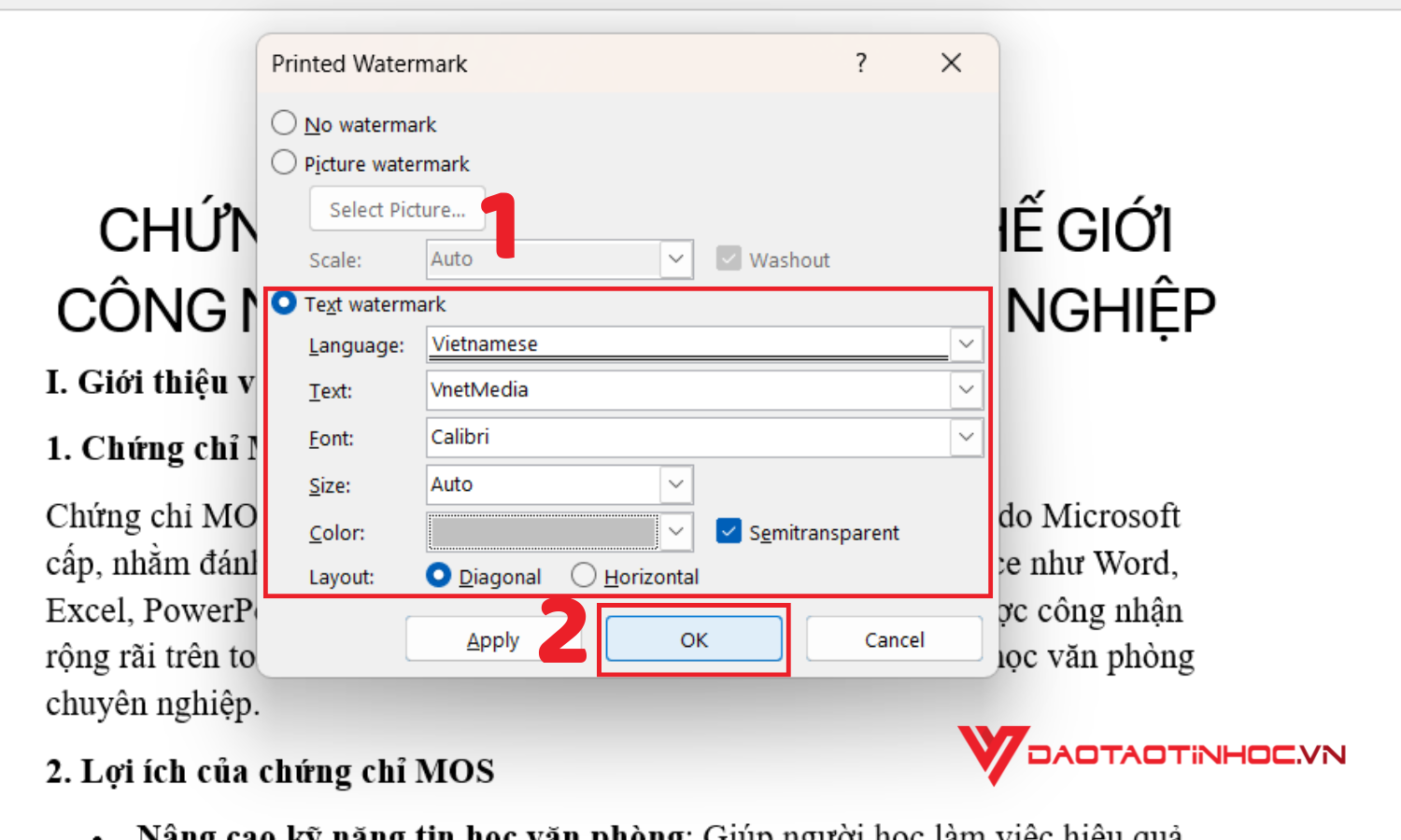 Thiết lập các thông số