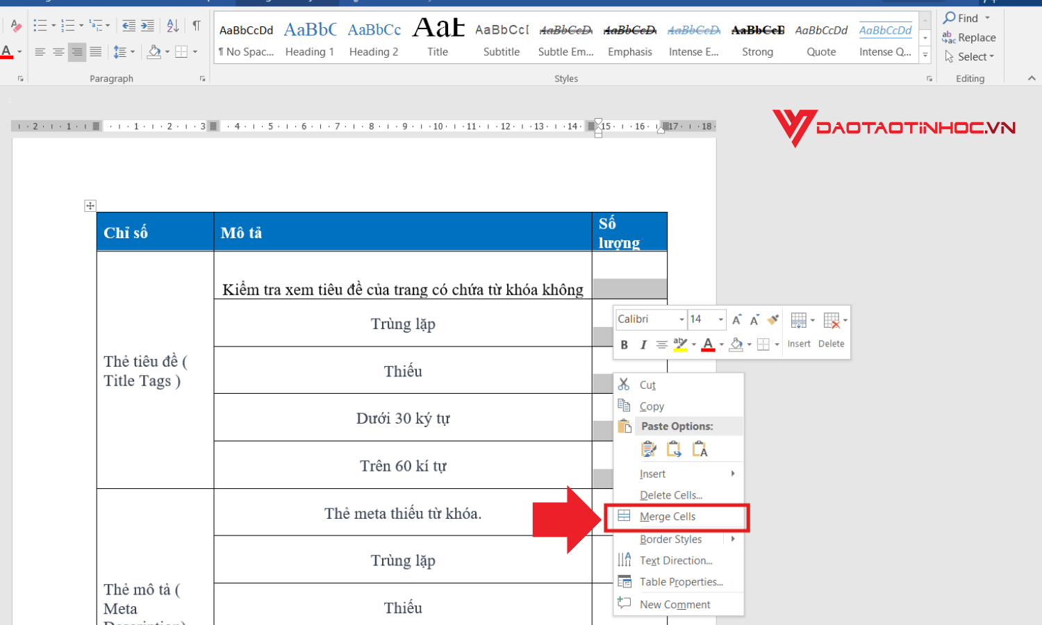 Thực hiện lệnh gộp ô - Cách 1