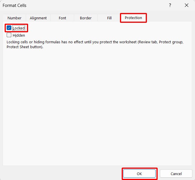 Tick bỏ chọn Locked để khóa ô công thức trong excel
