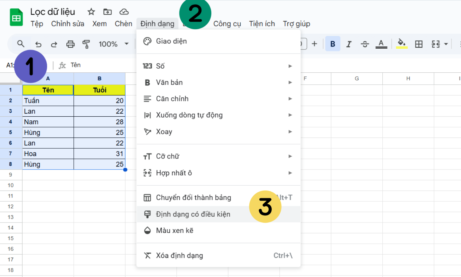 Tìm và đánh dấu các dữ liệu trùng nhau trong Google sheets bước 1
