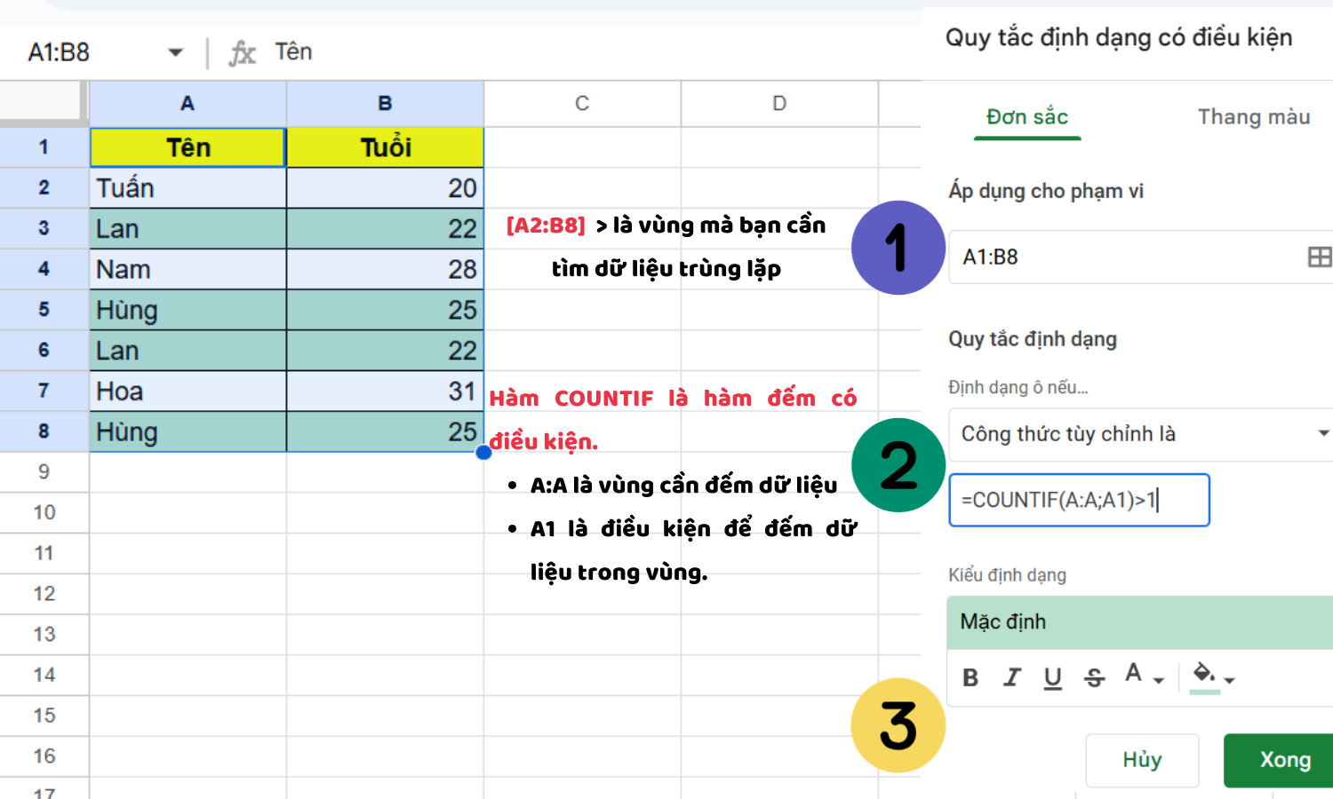 Tìm và đánh dấu các dữ liệu trùng nhau trong Google sheets bước 2