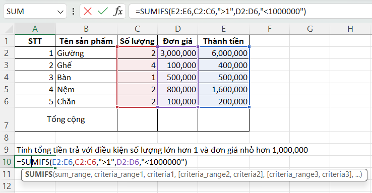 Tính tổng có điều kiện bằng hàm SUMIFS