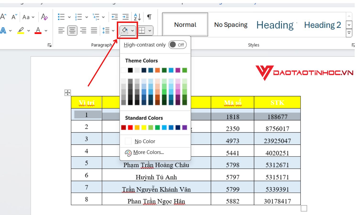 Tô màu cho bảng trong Word