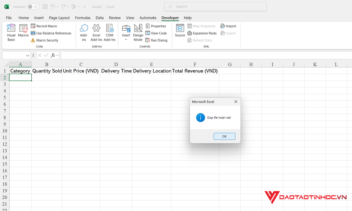 Sử dụng VBA để gộp file Excel - Sau khi chạy mã
