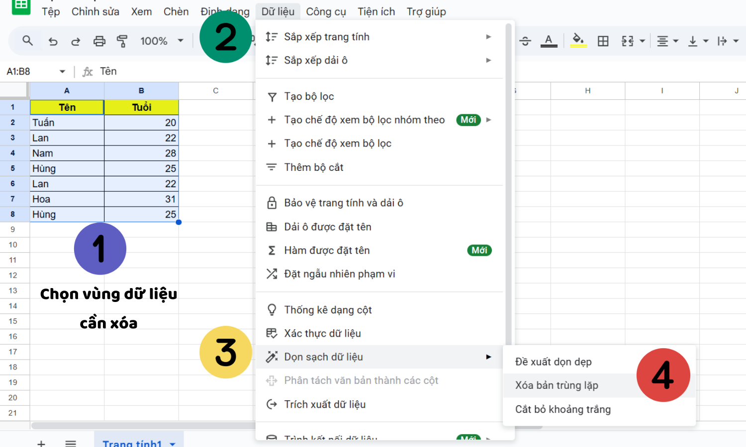 Xóa dữ liệu trùng bước 1