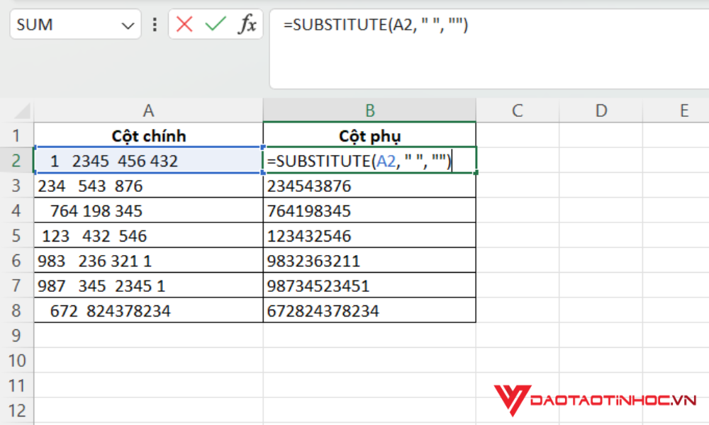 Xóa khoảng trắng trong Excel bằng SUBSTITUTE (2)