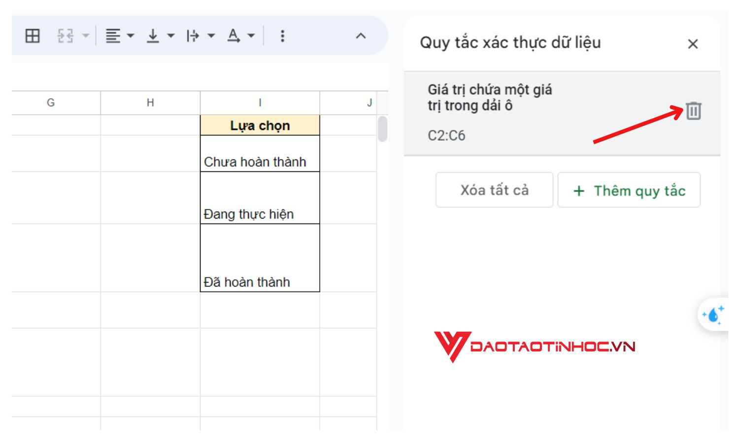 Xóa lựa chọn trên Google Sheet