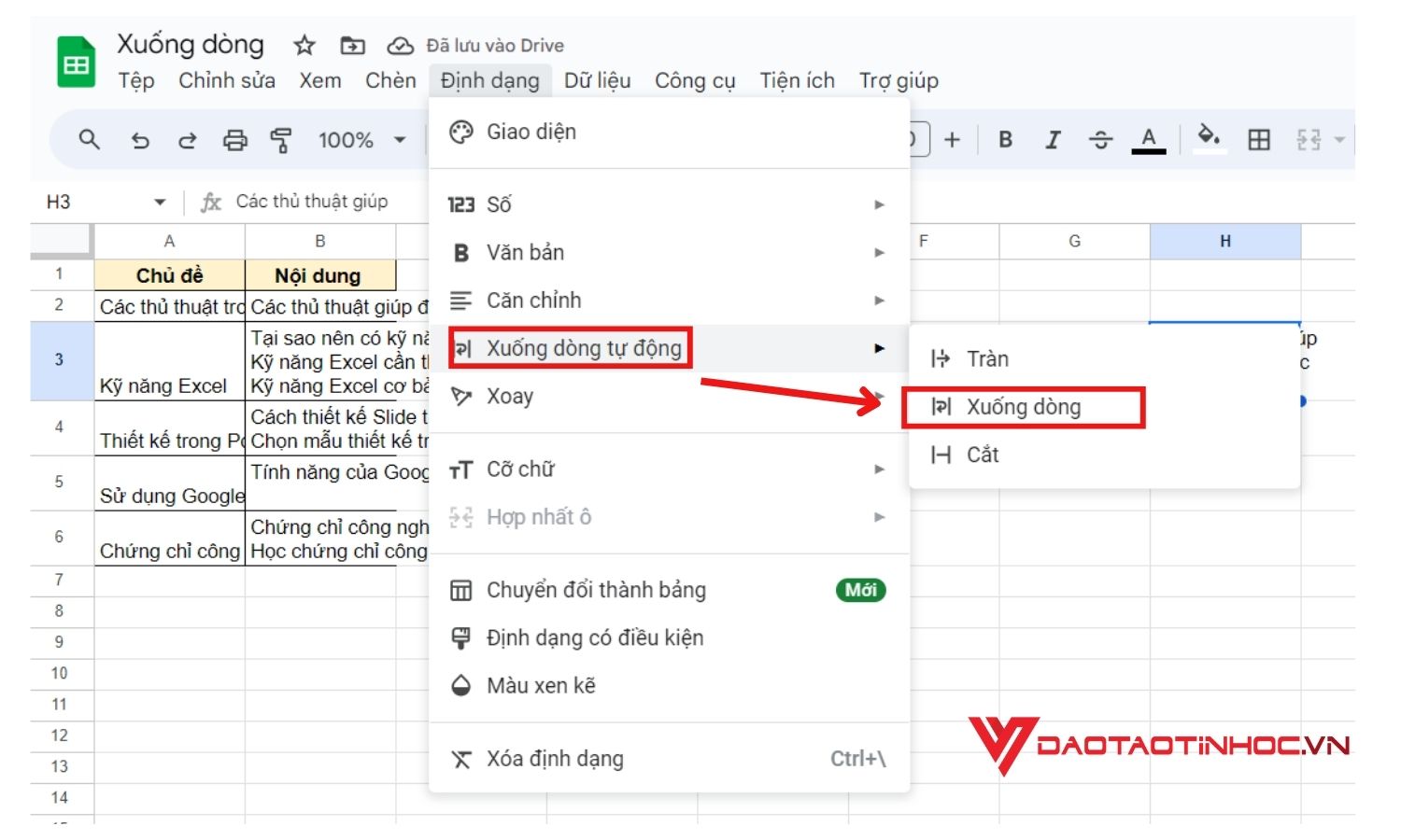 Xuống dòng trong Google Sheet bằng tính năng Wrap Text