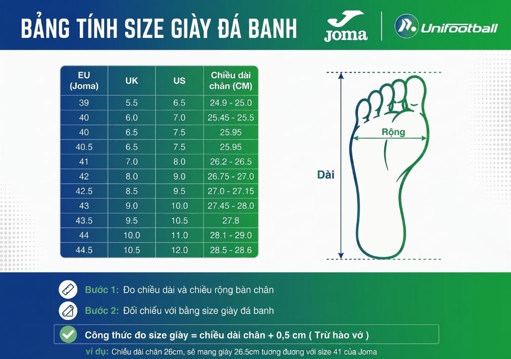 Bảng size giày bóng đá Joma