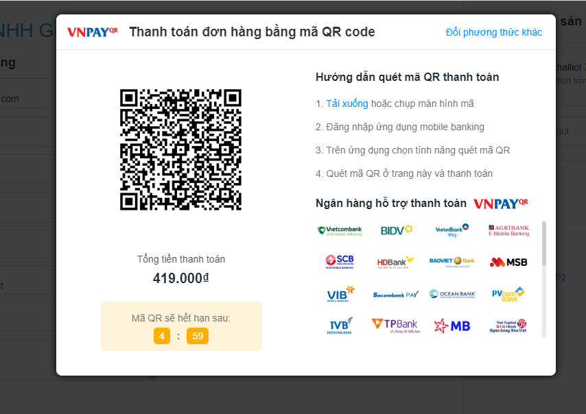 Tiến hành quét mã trên Website - mã VNPAY QR