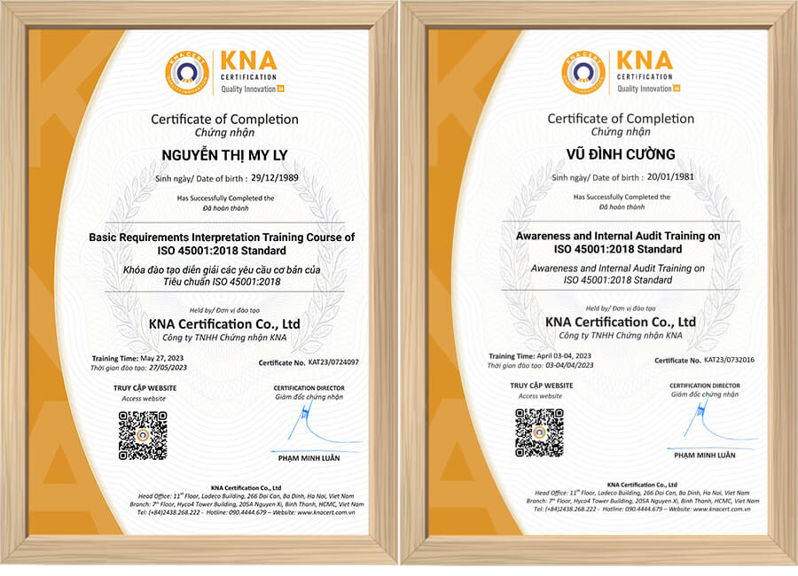 Chứng nhận sau khi hoàn thành khóa học ISO 45001 của KNA