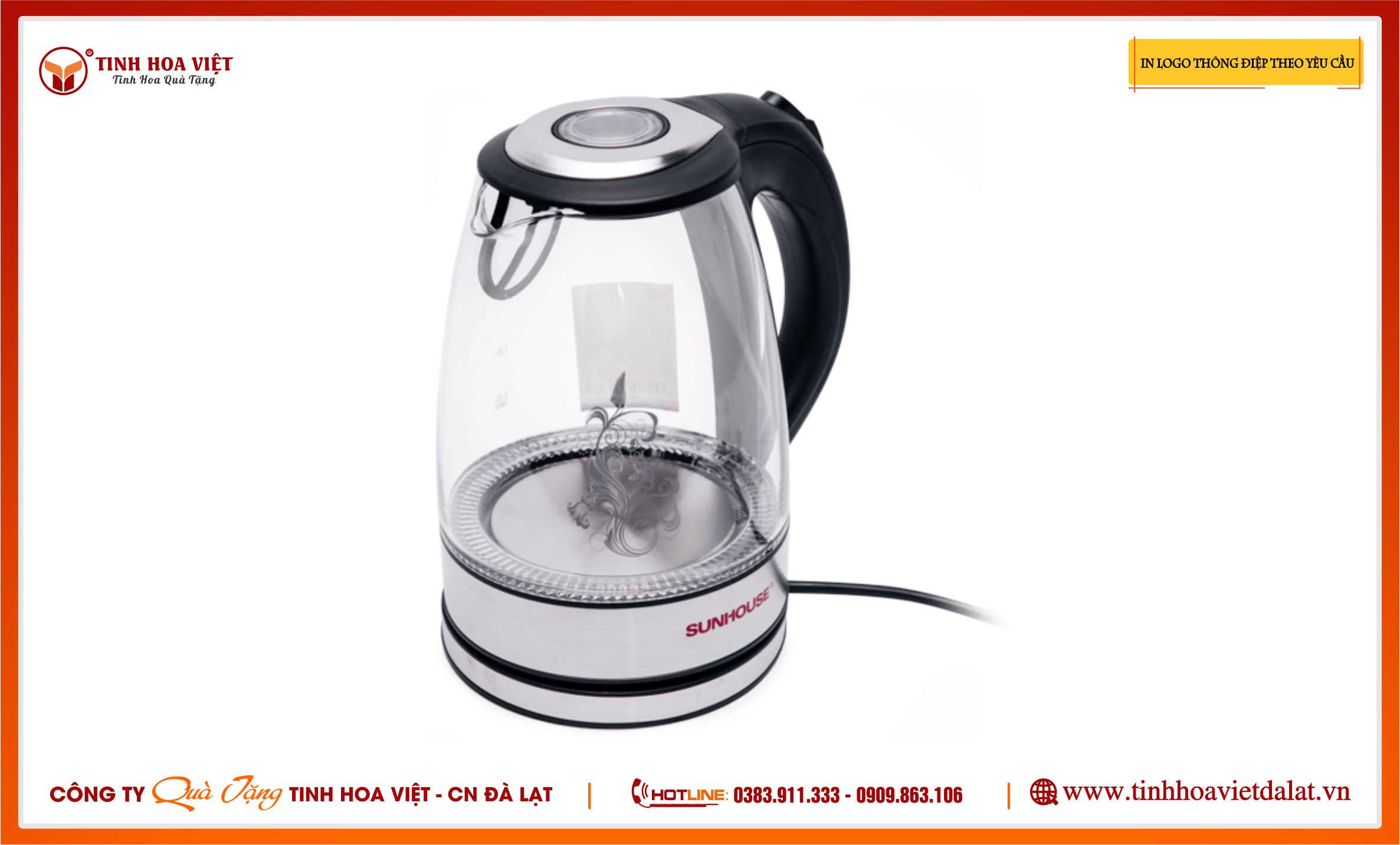 Ấm Siêu Tốc vỏ Thủy Tinh In ấn Logo Thông Điệp Theo Yêu Cầu