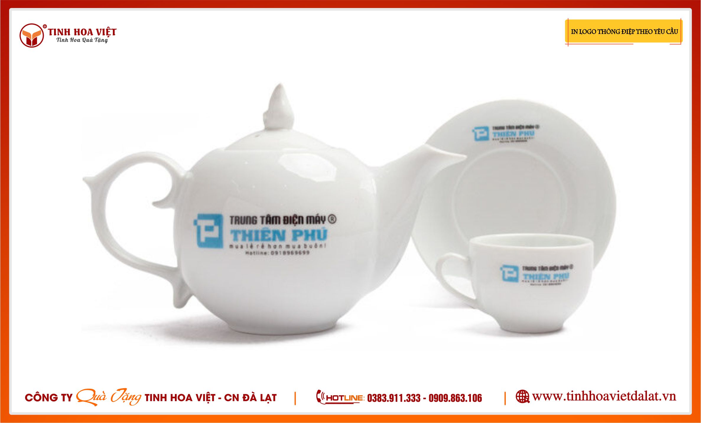 Bộ Ấm Chén Dáng Chóp Lửa In Logo Doanh Nghiệp Theo yêu cầu