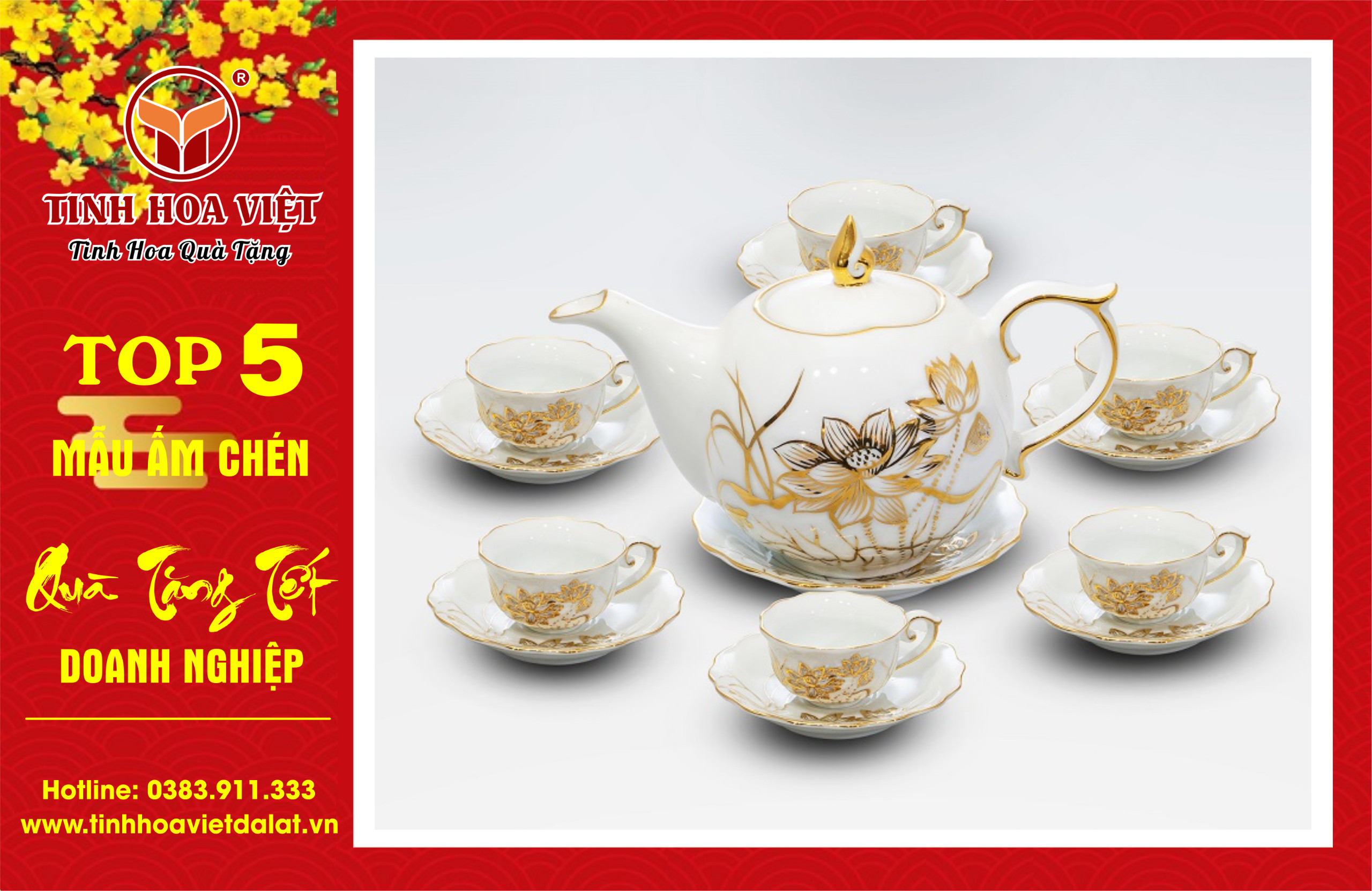 bộ ấm chén chóp lửa hoa sen vàng kim