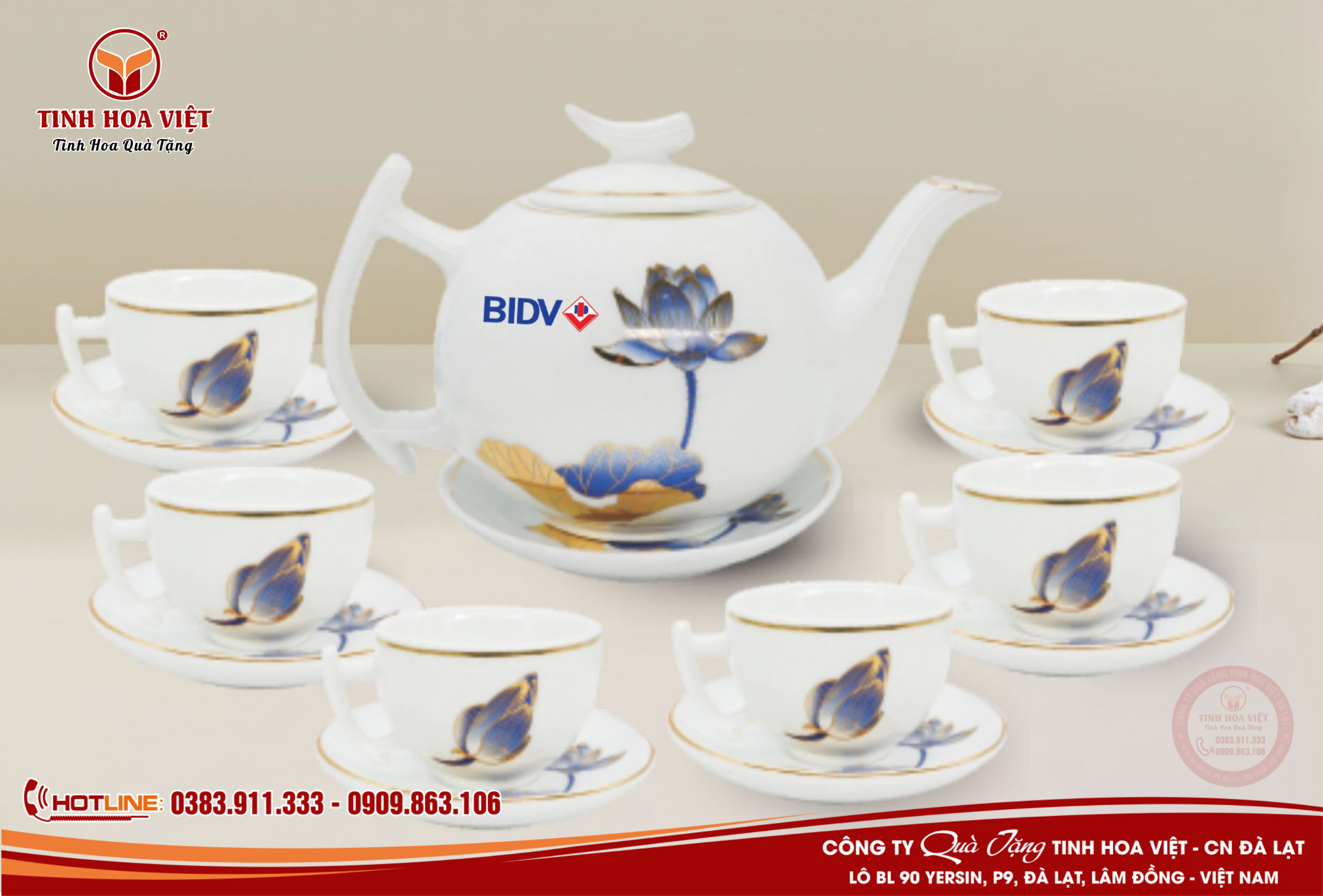 ấm chén viền sen hoa