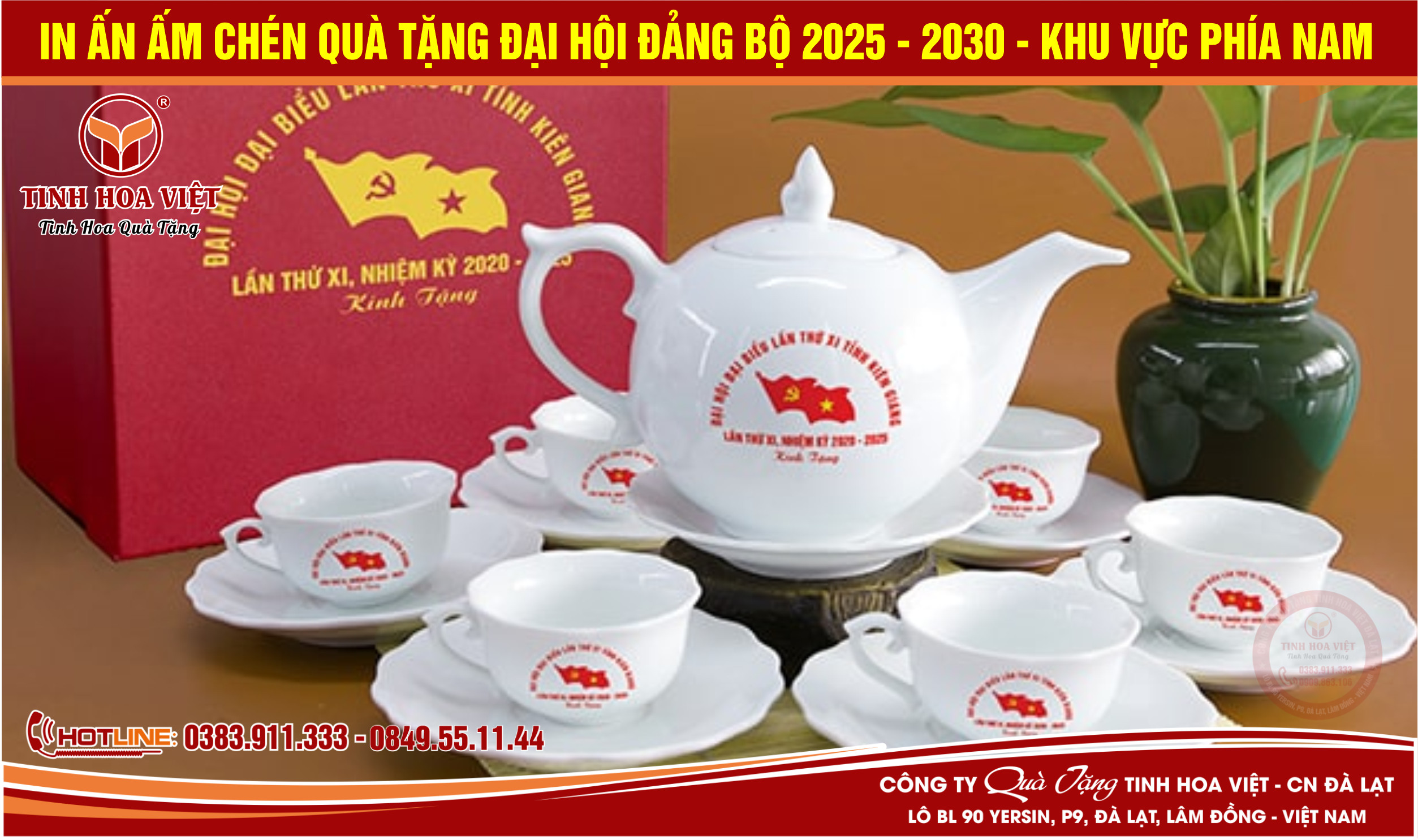 in ấn ấm chén thủy tinh quà tặng đại hội đảng bộ 2025 - 2030