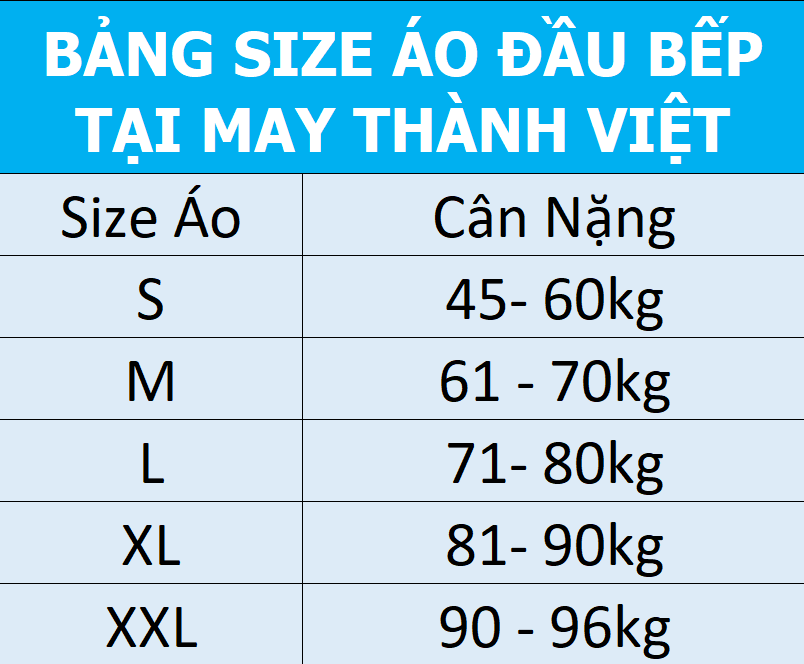 size áo đầu bếp