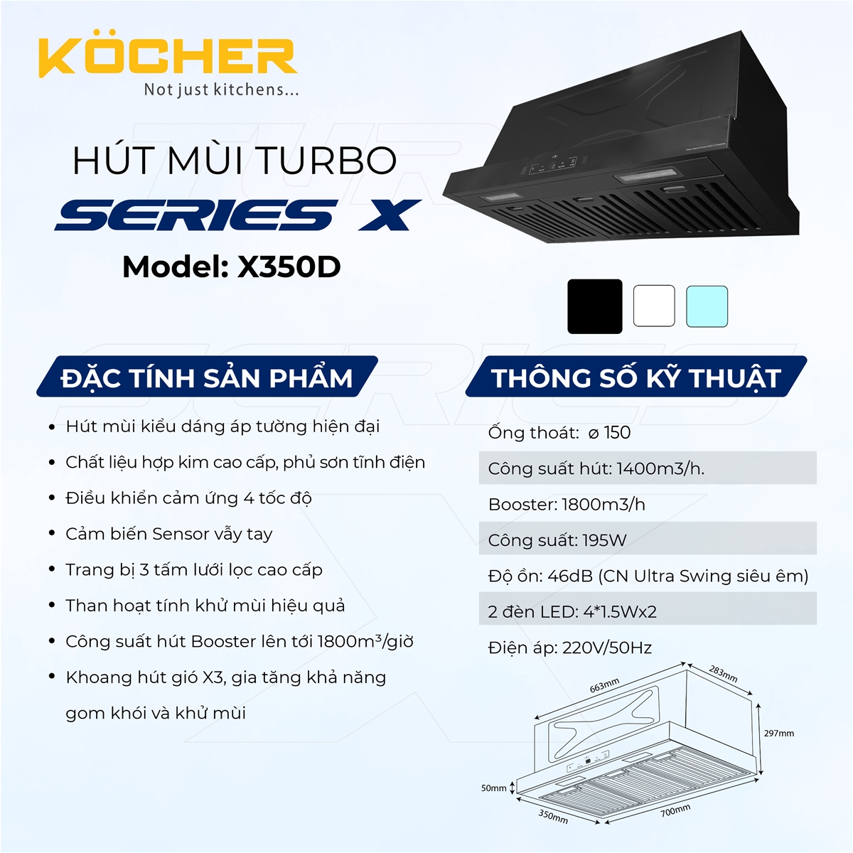 Thông tin chi tiết về máy hút mùi kocher turbo x-350D