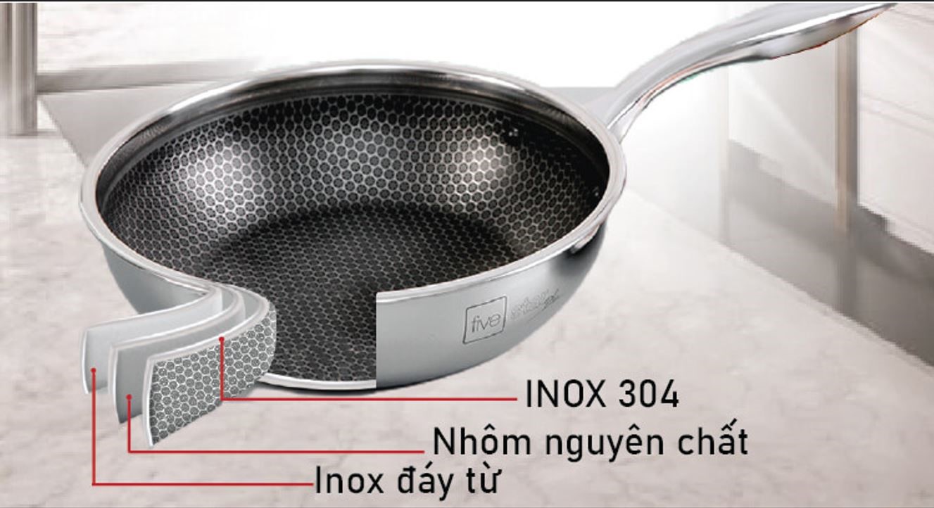 Ba lớp đáy từ inox 304 – nhôm – inox 430