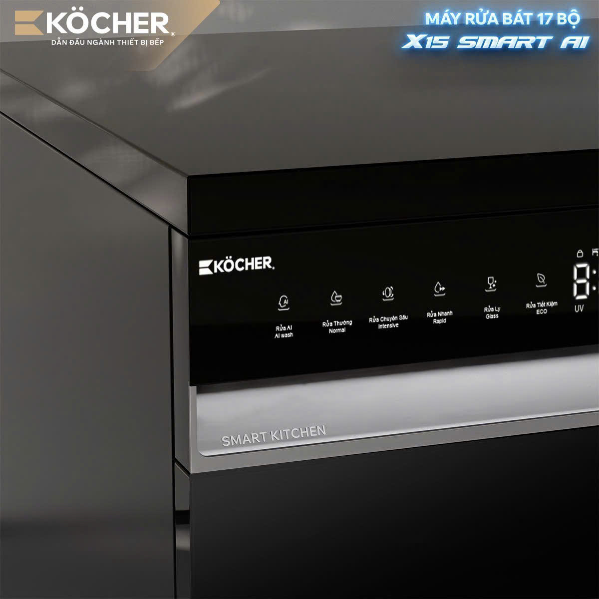 Chế độ AI Wash thông minh tự động cảm biến độ bẩn và điều chỉnh chu trình rửa trên Kocher X15