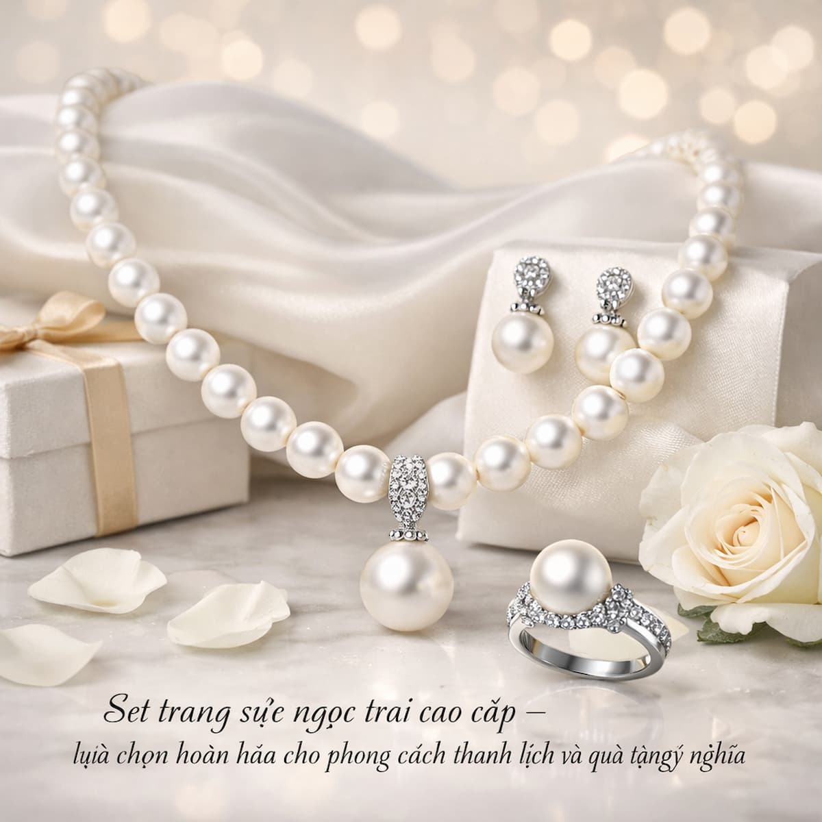 Bộ trang sức ngọc trai cao cấp gồm vòng cổ, bông tai và nhẫn – set thanh lịch làm quà tặng sang trọng