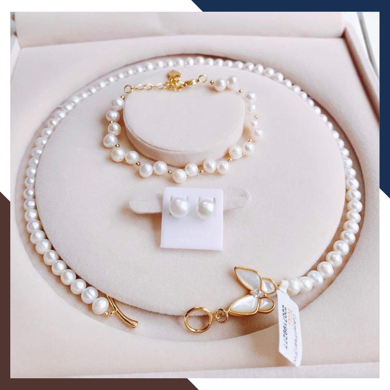 Bộ trang sức ngọc trai thật 7 ly khóa bướm mã BTSNT04