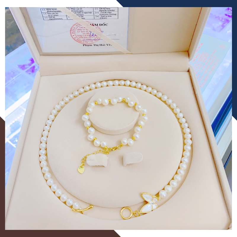 Bộ trang sức ngọc trai thật 7 ly khóa bướm mã BTSNT04