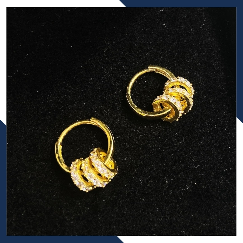 Bông tai vàng tây nữ 10k tròn trơn mix 3 vòng tròn nạm đá trẻ trung 1765TL59