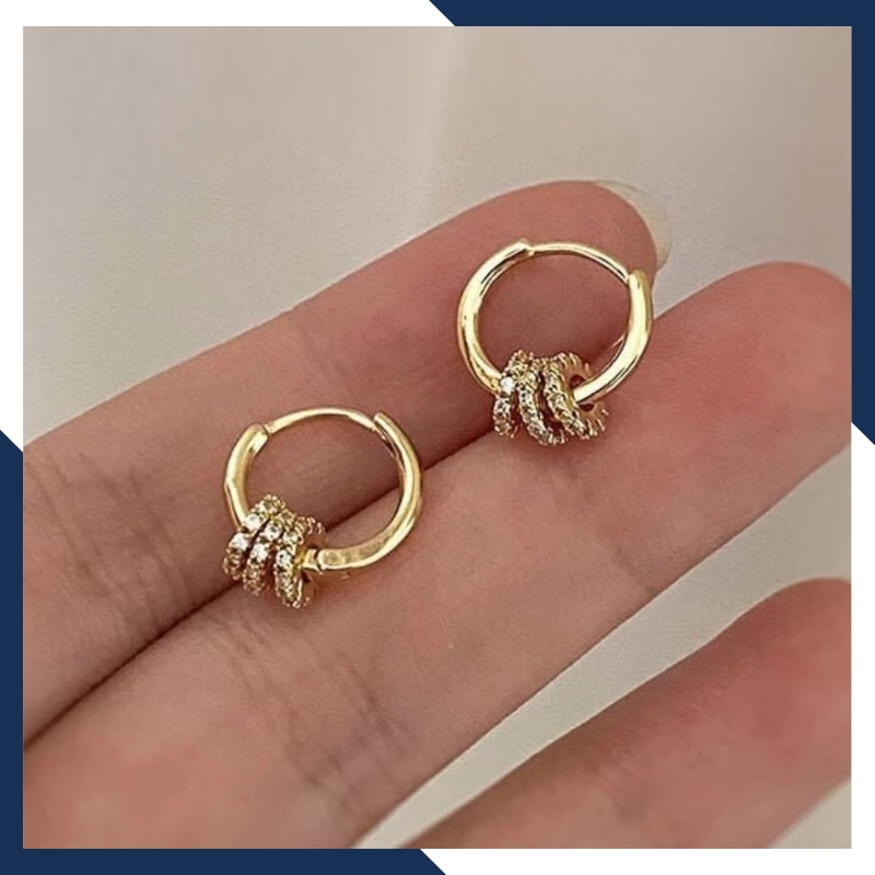 Bông tai vàng tây nữ 10k tròn trơn mix 3 vòng tròn nạm đá trẻ trung 1765TL59