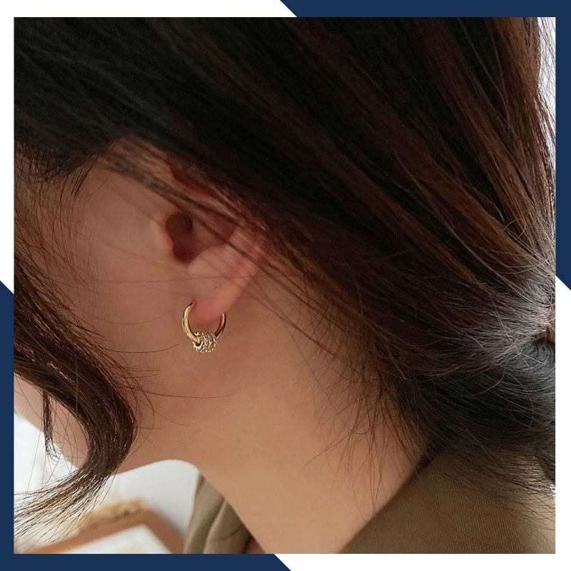 Bông tai vàng tây nữ 10k tròn trơn mix 3 vòng tròn nạm đá trẻ trung 1765TL59