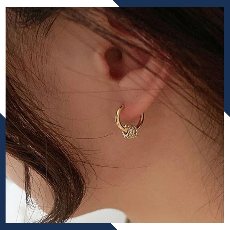 Bông tai vàng tây nữ 10k tròn trơn mix 3 vòng tròn nạm đá trẻ trung 1765TL59