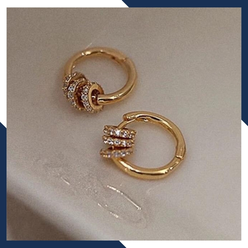 Bông tai vàng tây nữ 10k tròn trơn mix 3 vòng tròn nạm đá trẻ trung 1765TL59