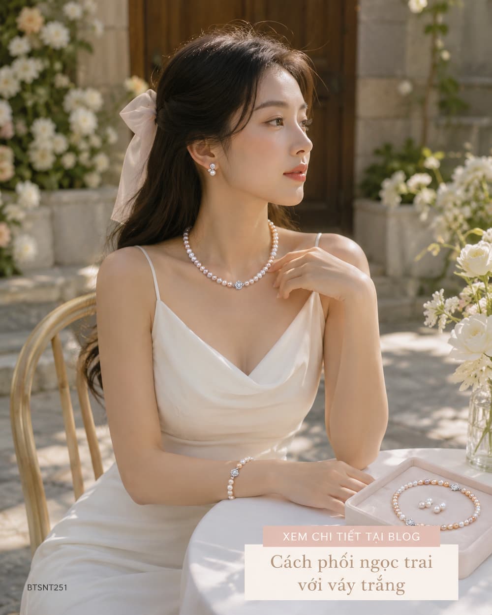 Bộ trang sức ngọc trai BTSNT251 phối váy trắng phong cách soft feminine