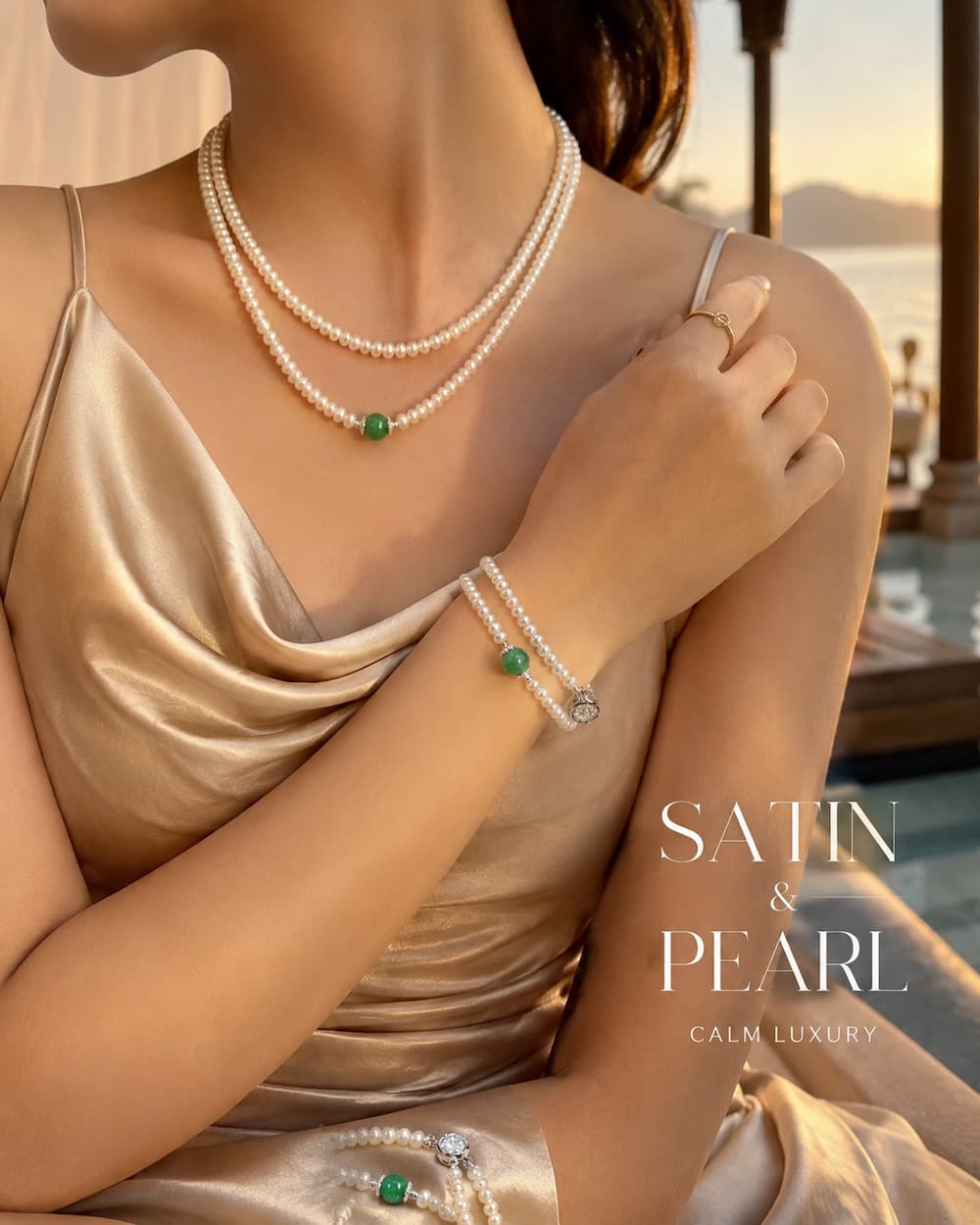Bộ trang sức ngọc trai BTSNT252 phối váy satin phong cách calm luxury