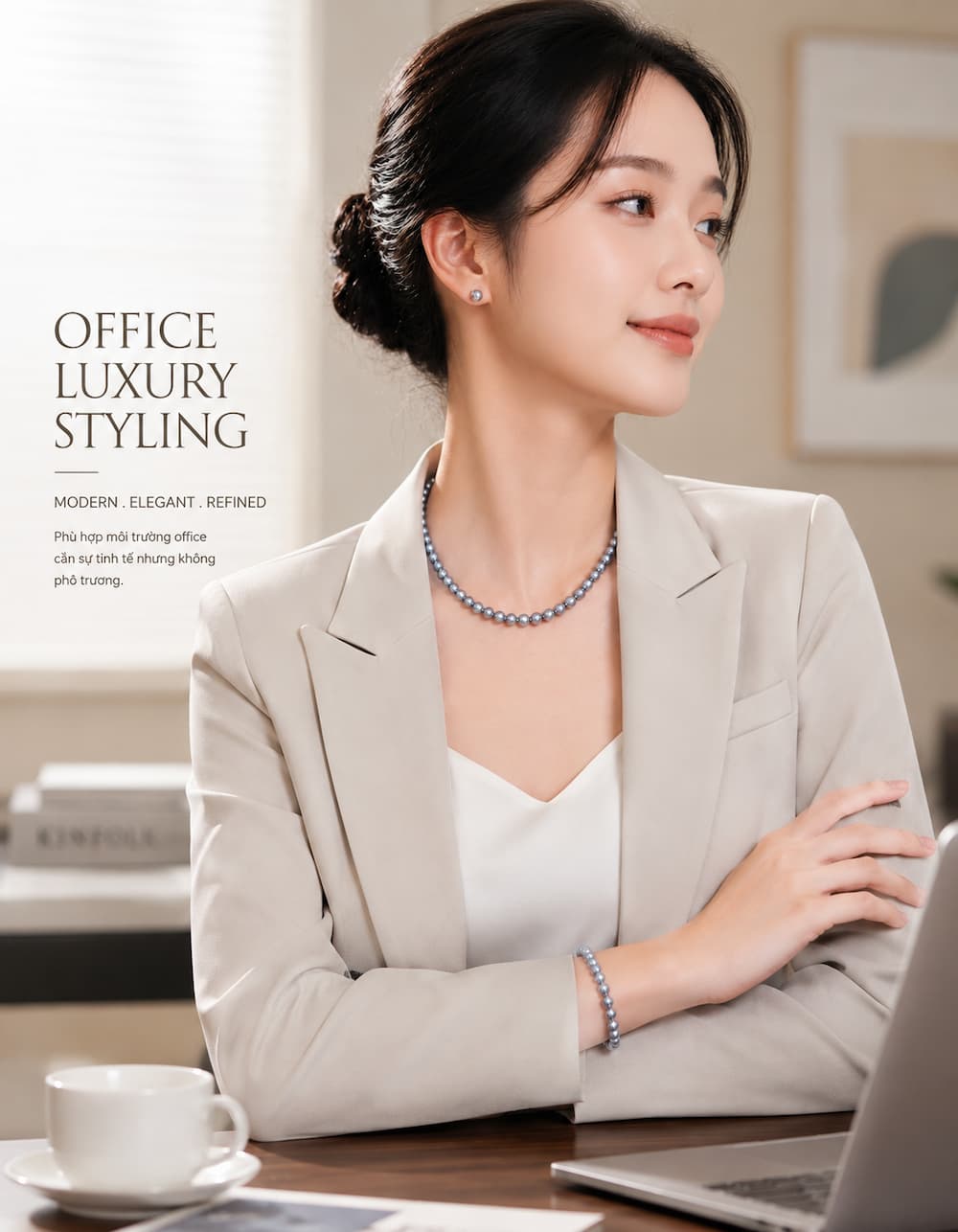 Bộ trang sức ngọc trai BTSNT255 phối blazer công sở phong cách modern luxury